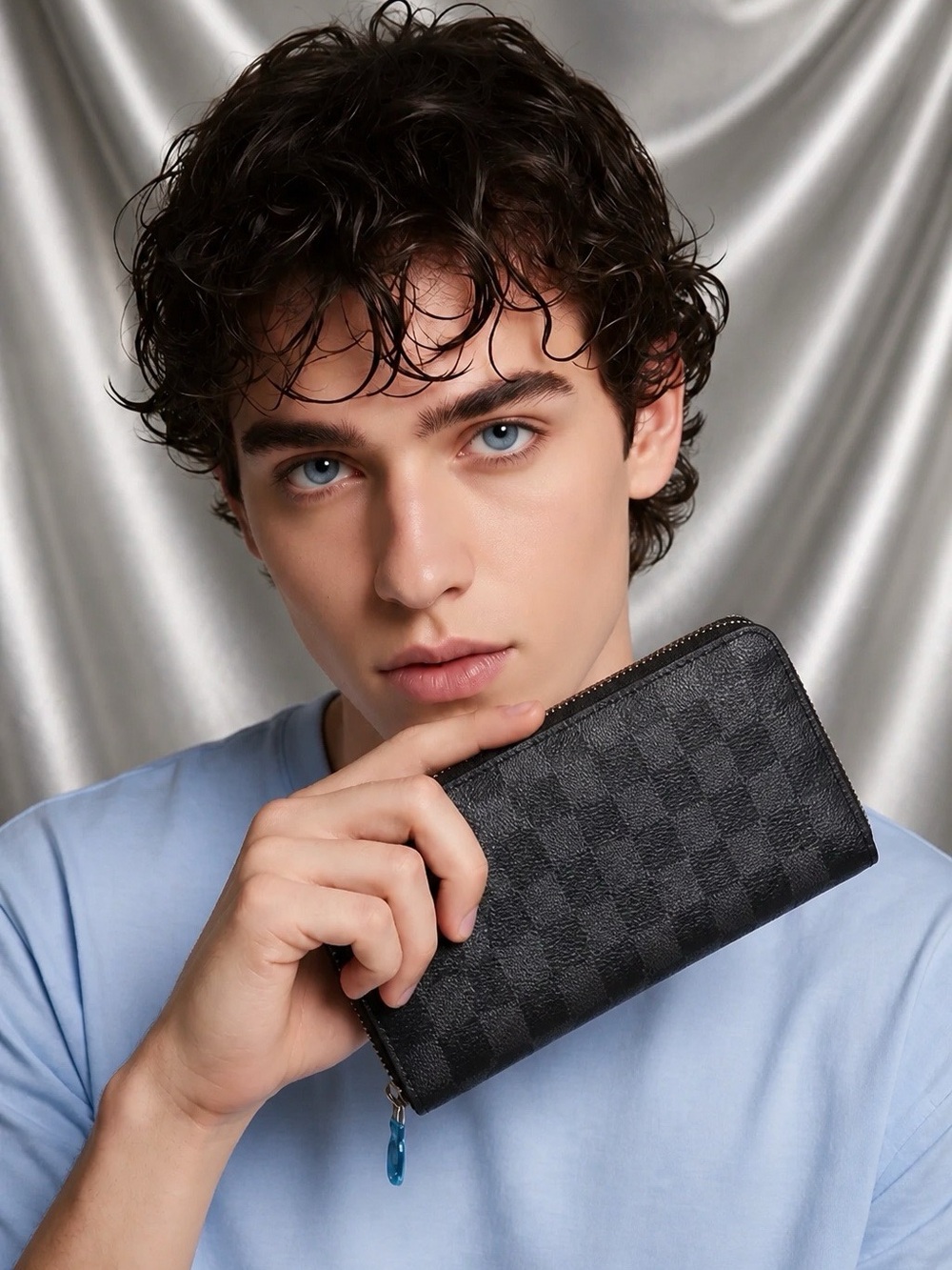 Large Vegan PU Checkered Black & Grey Zippered Wallet. Lots of room.New!
